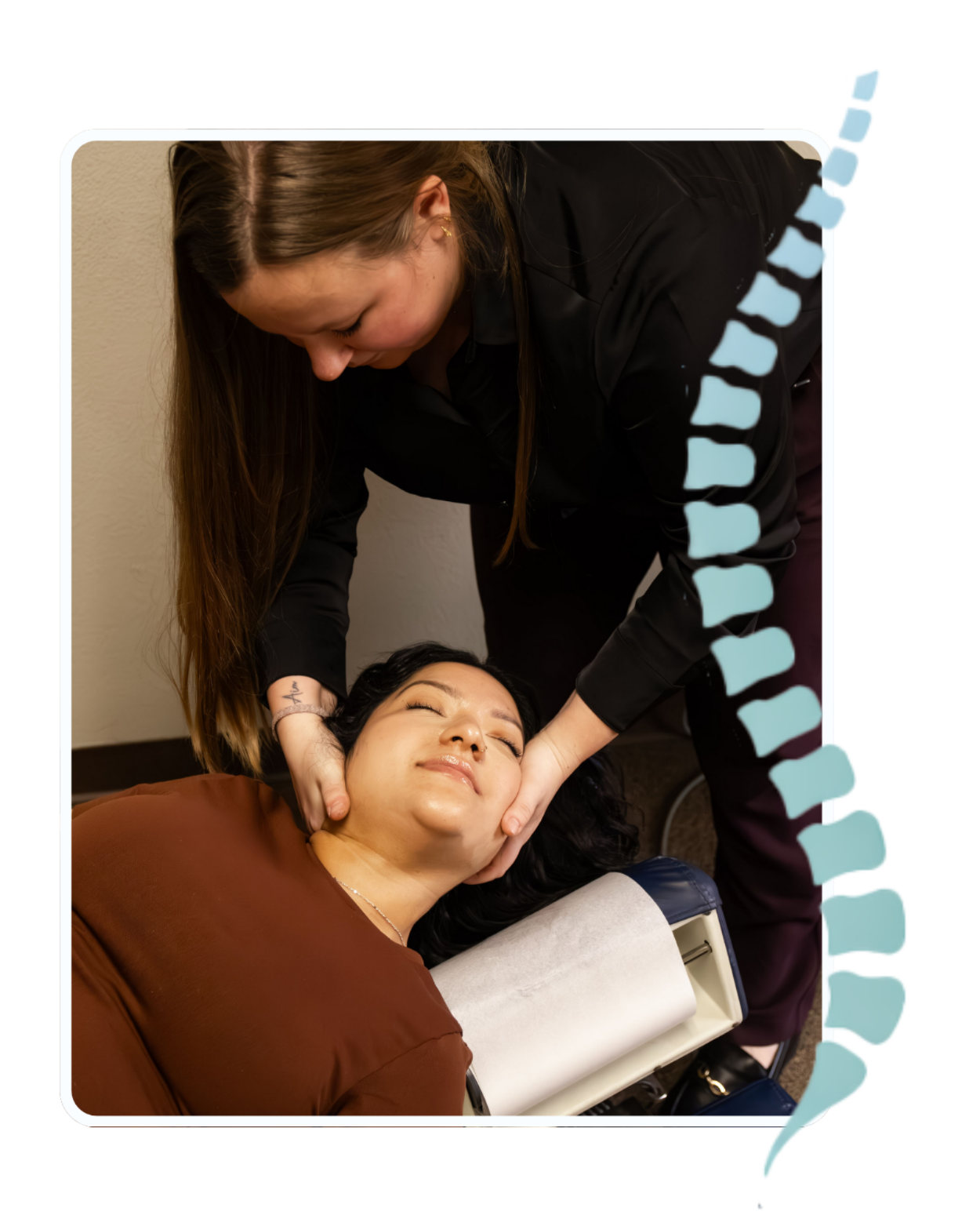 Young women chiropractor gently adjusts a young patients neck as she lays down.